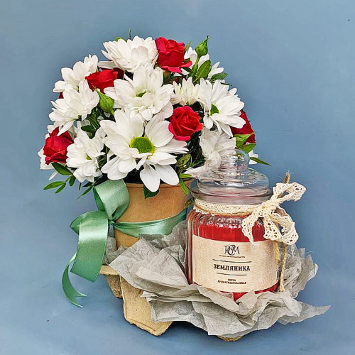 Сет "Романтичный". Набор стаканчик с цветами и аромасвечой в банке N 70191