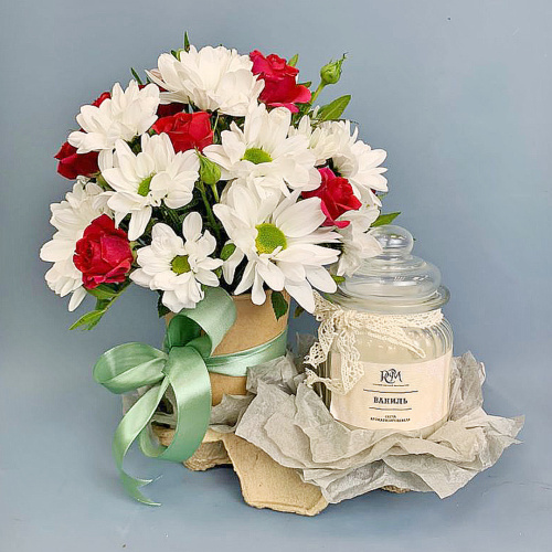 Сет "Романтичный". Набор стаканчик с цветами и аромасвечой в банке N 70191