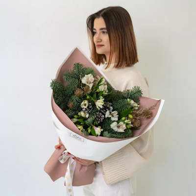 Букет "Первый снег" из нобилиса и альстромерии N90873