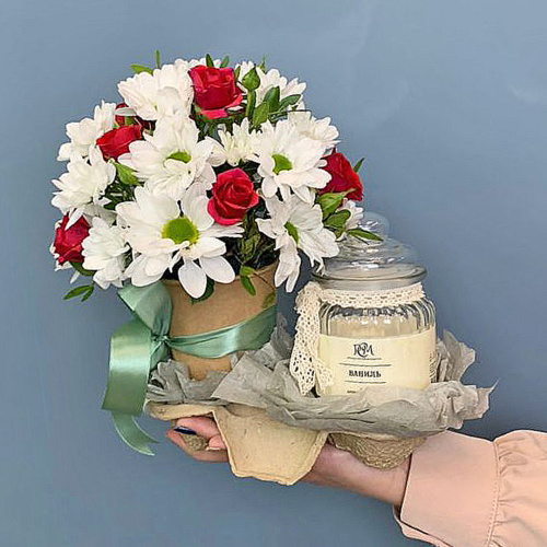 Сет "Романтичный". Набор стаканчик с цветами и аромасвечой в банке N 70191