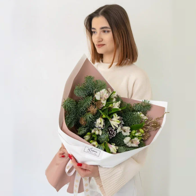 Букет "Первый снег" из нобилиса и альстромерии N90873