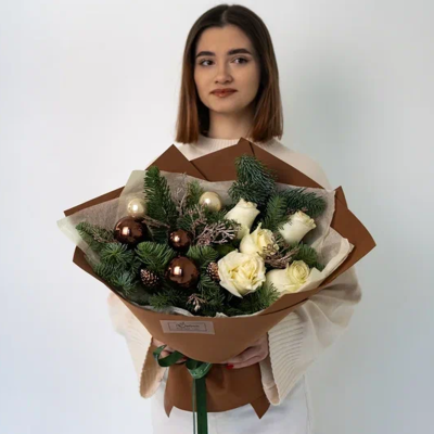 Букет "Кофе с молоком" из нобилиса и белых роз N91149