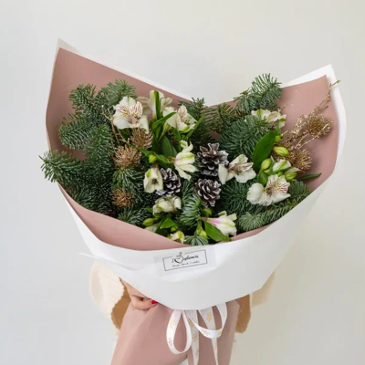 Букет "Первый снег" из нобилиса и альстромерии N90873