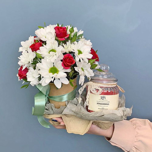 Сет "Романтичный". Набор стаканчик с цветами и аромасвечой в банке N 70191