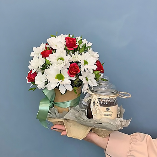 Сет "Романтичный". Набор стаканчик с цветами и аромасвечой в банке N 70191