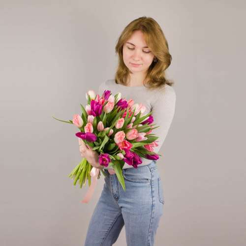 Букет из 51 Тюльпана (розовый МИКС) 7336
