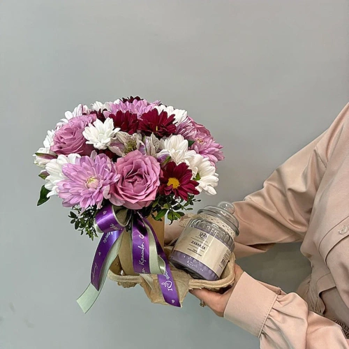 Сет "Лаванда". Набор стаканчик с цветами и аромасвечой в банке N 70396