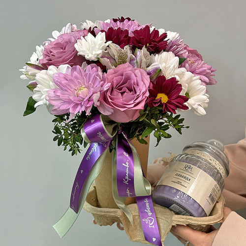 Сет "Лаванда". Набор стаканчик с цветами и аромасвечой в банке N 70396